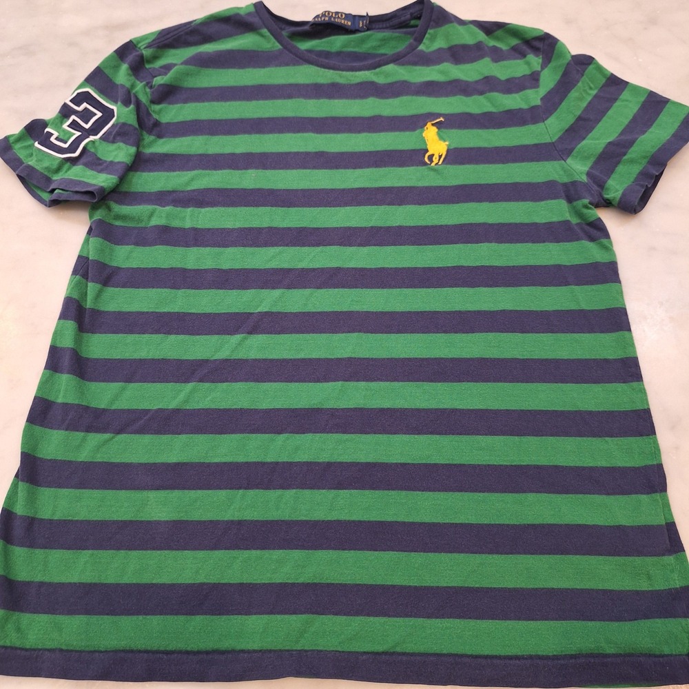 Polo Ralph Lauren Preppy T-Shirt Mens Sm Green Navy Striped Big Pony Logo Tee